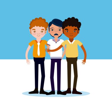 Renkli arka plan üzerinde genç erkek arkadaşlar çizgi film illüstrasyon grafik tasarım vektör