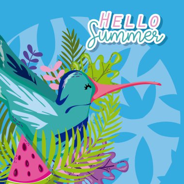 Merhaba yaz ile güzel egzotik kuş çizgi film ve vektör çizim grafik tasarım bırakır