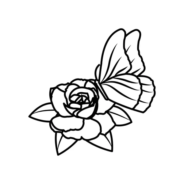 Line vackra rosenblad med blad och fjäril — Stock vektor