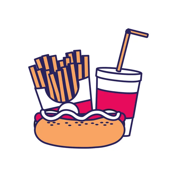 Pić Hot Doga Frytki Fast Food Miejskich Smaczne Menu Tematu — Wektor stockowy