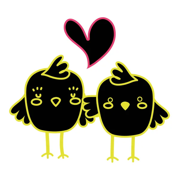 霓虹灯扁平的小鸡夫妇在一起, 爱的心 — 图库矢量图片