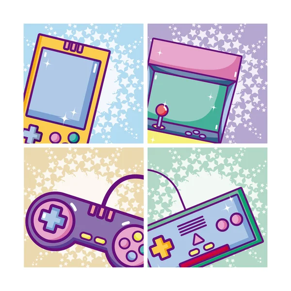 Conjunto Videojuegos Retro Dibujos Animados Tarjetas Vector Ilustración Diseño Gráfico — Archivo Imágenes Vectoriales