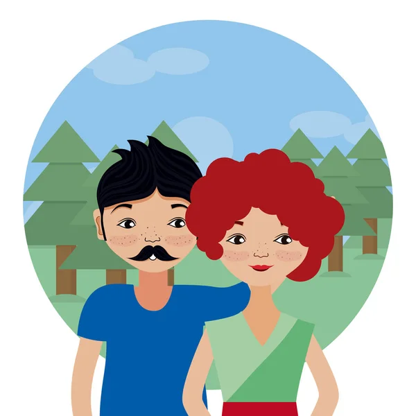 Jeune Couple Sur Icône Ronde Paysage Vectoriel Illustration Graphisme — Image vectorielle