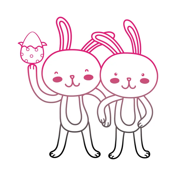 Color line rabbit couple with hands together and egg easter — Stock Vector