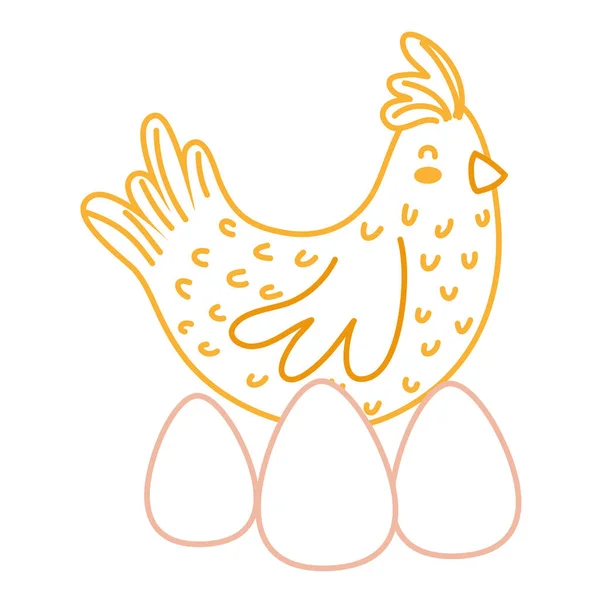 Línea de neón gallina ave granja animal con huevos — Vector de stock