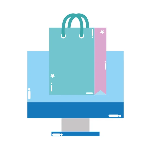 Tecnologia cromputer tela colorida com saco de compras —  Vetores de Stock