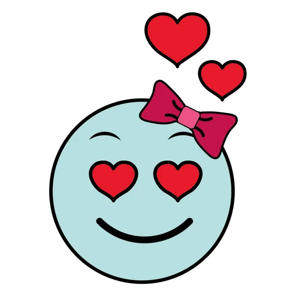 Lijnkleur verliefd vrouwelijke emoji expressie met lint boog — Stockvector