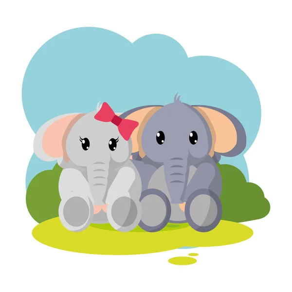 Colorful elephant couple cute animal in the landscape — Stock Vector