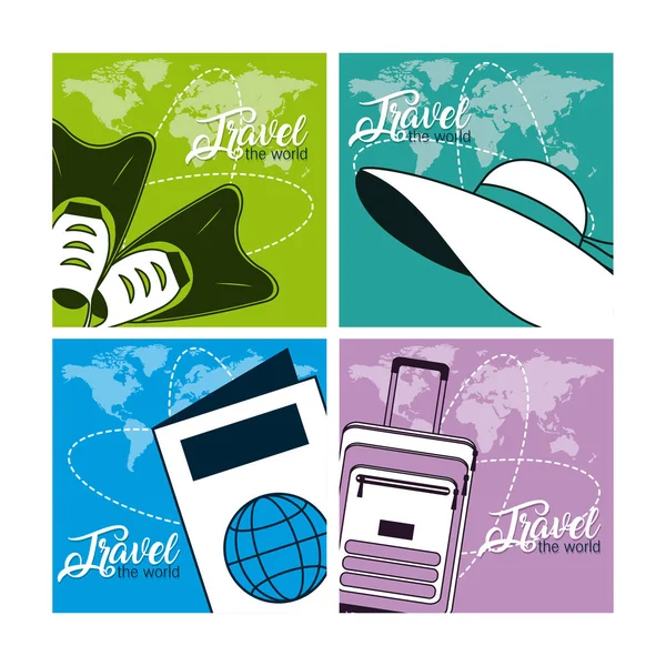 Conjunto Tarjetas Viaje Mundo Colección Vector Ilustración Diseño Gráfico — Archivo Imágenes Vectoriales