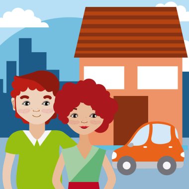 Şirin çift ev çizgi film dışında illüstrasyon grafik tasarım vektör