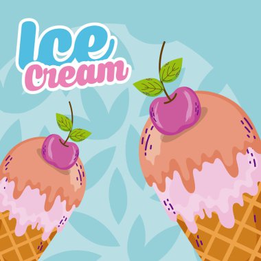 Koni vektör çizim grafik tasarımı üzerine lezzetli dondurma kaşık toz