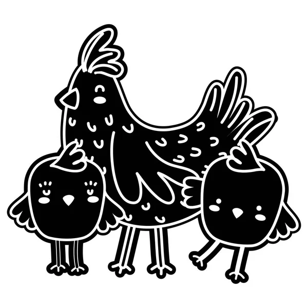 Silueta gallina con pollitos granja aves animales — Vector de stock