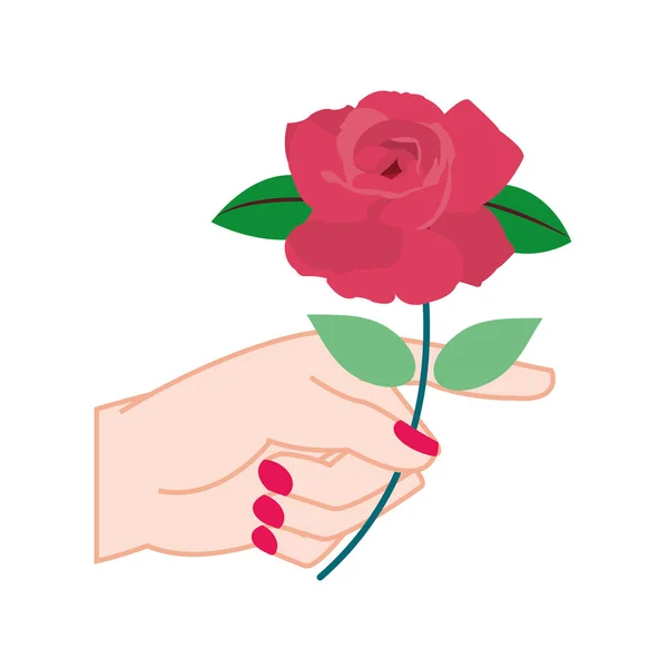 Bunte Frauenhand mit Rosenblättern und Blättern — Stockvektor