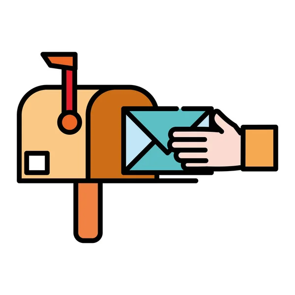 Mensaje de buzón de color de línea y mano de hombre con carta postal — Vector de stock