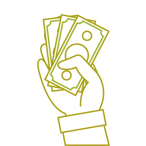Κίτρινη γραμμή χέρι με γραμμάτια μετρητά χρήματα νόμισμα — Διανυσματικό Αρχείο