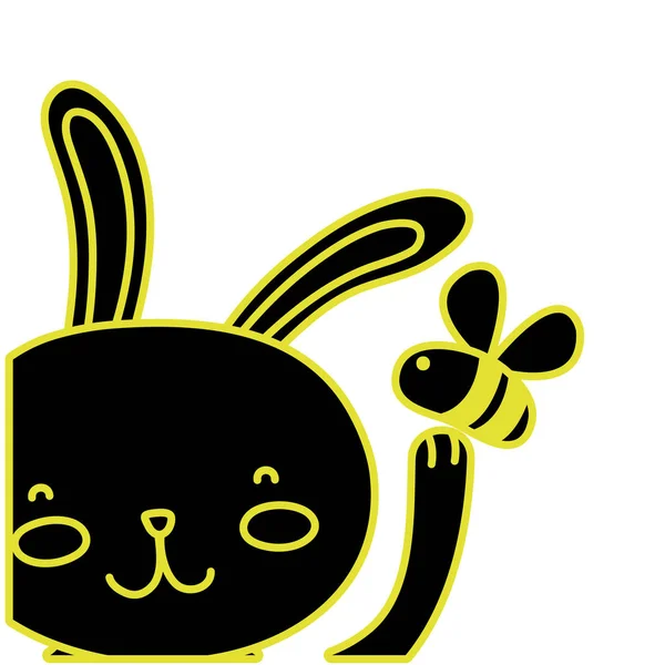 Conejo de dibujos animados planos de neón con mosca de abeja — Vector de stock