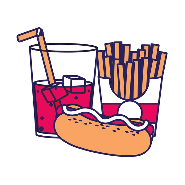 Beber Hot Dog Papas Fritas Comida Rápida Urbana Sabrosa Tema — Vector de stock