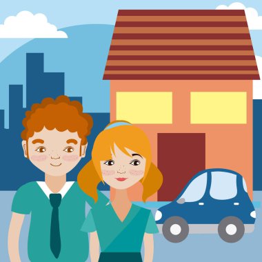 Şirin çift ev çizgi film dışında illüstrasyon grafik tasarım vektör