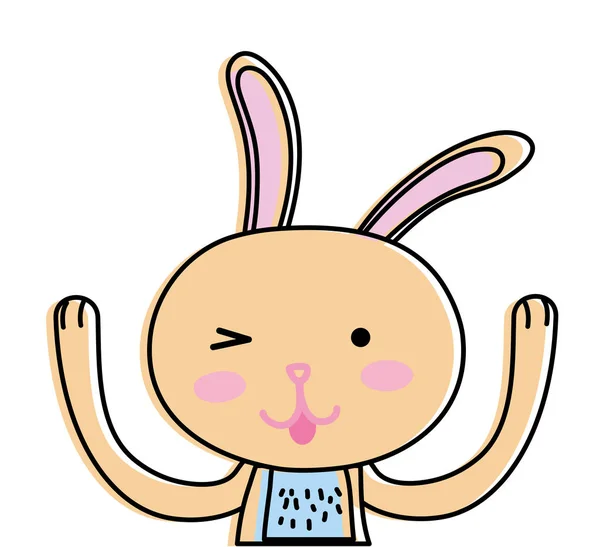 Line color funny rabbit animal cartoon with hands up — Stock Vector