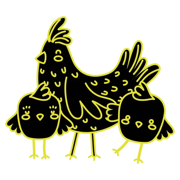 Gallina plana de neón con pollitos granja aves animales — Vector de stock