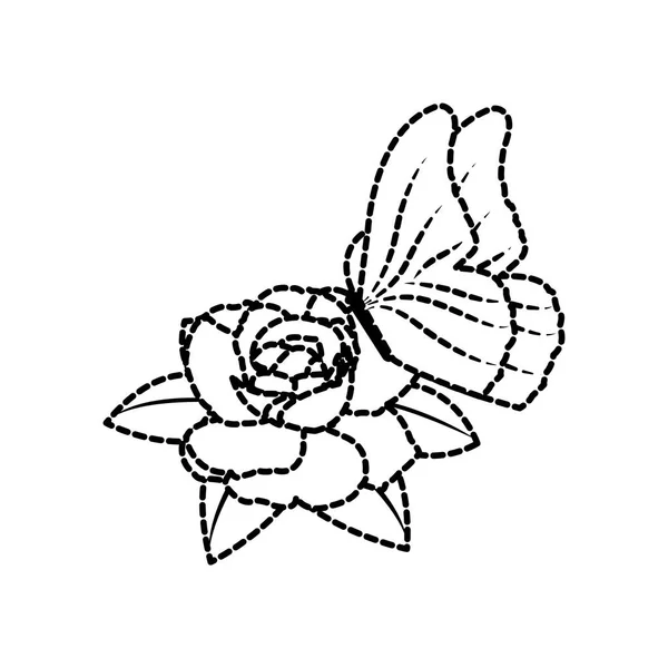 Forme pointillée belles pétales de rose avec feuilles et papillon — Image vectorielle