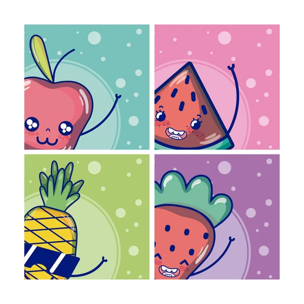 Conjunto Frutas Lindas Dibujos Animados Colección Vector Ilustración Diseño Gráfico — Vector de stock