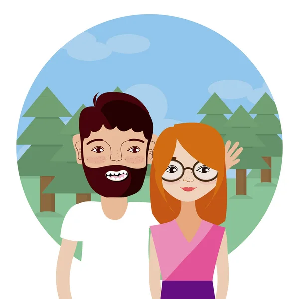 Casal Jovem Longo Paisagem Redonda Ícone Vetor Ilustração Design Gráfico — Vetor de Stock