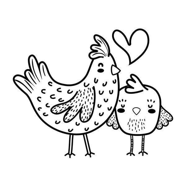 Line hen and chick love and family together — Stock Vector