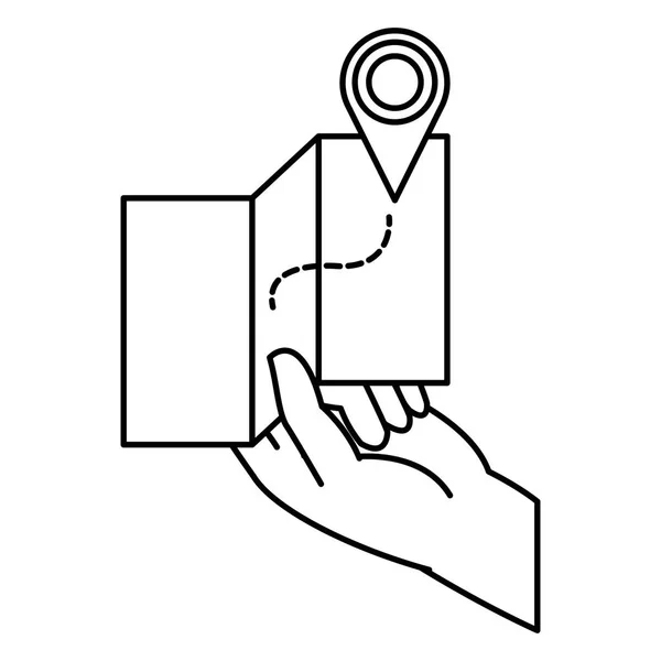 Main droite avec carte mondiale et symbole de localisation — Image vectorielle