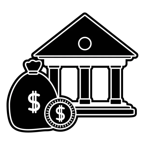 剪影金融银行与钱袋和硬币 — 图库矢量图片