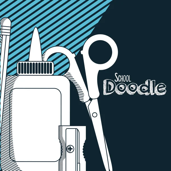 School Elements Scissors Glue Bottle Scalpel Doodles Cartoon Vector Illustration — Stock Vector