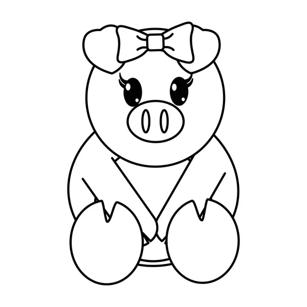 Line female pig cute animal with ribbon bow — Stock Vector