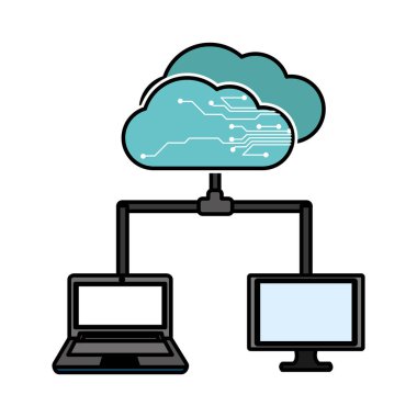 Bulut depolama teknolojisi ve sanal Tema izole tasarım vektör çizim bilgisayar