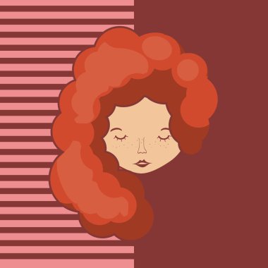 Genç hippi kadın yüz karikatür çizgili arka plan vektör çizim grafik tasarım üzerine
