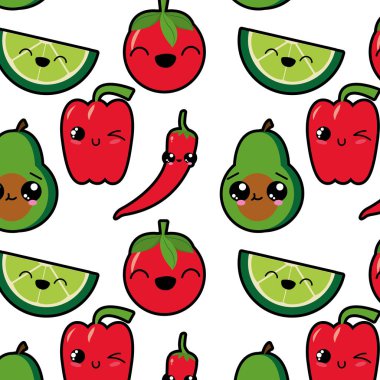 Avokado domates biber ve limon meyve sağlıklı ve organik gıda Tema izole tasarım vektör çizim