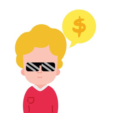 güneş gözlüğü ve sohbet kabarcığı Doları sembolü olan renkli adam