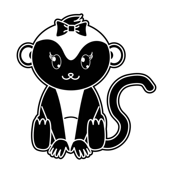Silueta mono hembra lindo animal con lazo de cinta — Vector de stock