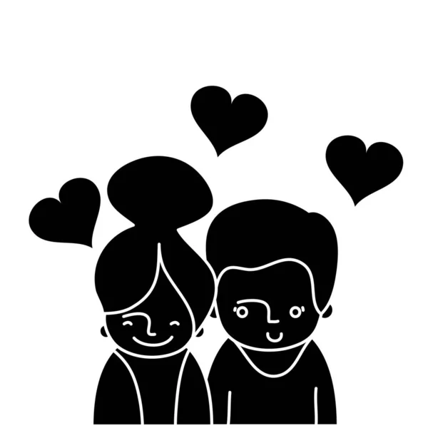Silhouette couple heureux avec des vêtements et des coeurs amour symbole — Image vectorielle