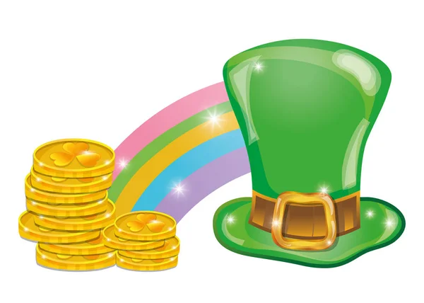 圣派崔克帽子与硬币黄金和彩虹 — 图库矢量图片