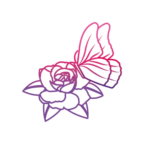 Línea degradada hermosos pétalos de rosa con hojas y mariposa — Vector de stock