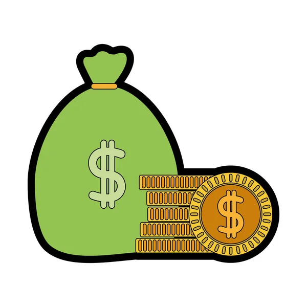 Línea de dinero de color dentro de la bolsa con símbolo de peso y monedas — Vector de stock