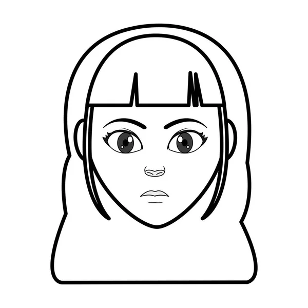 Línea mujer cabeza con expresión facial y peinado — Vector de stock