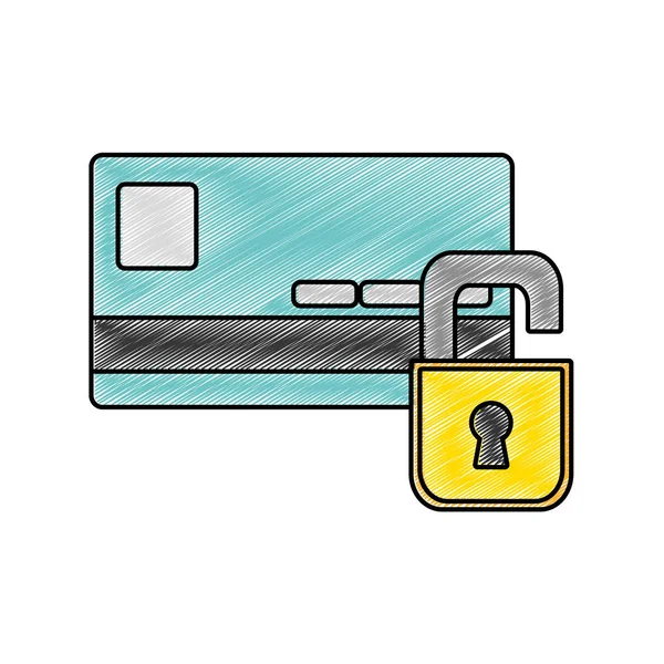 Carte de crédit financière râpée avec cadenas sécurité ouverte — Image vectorielle