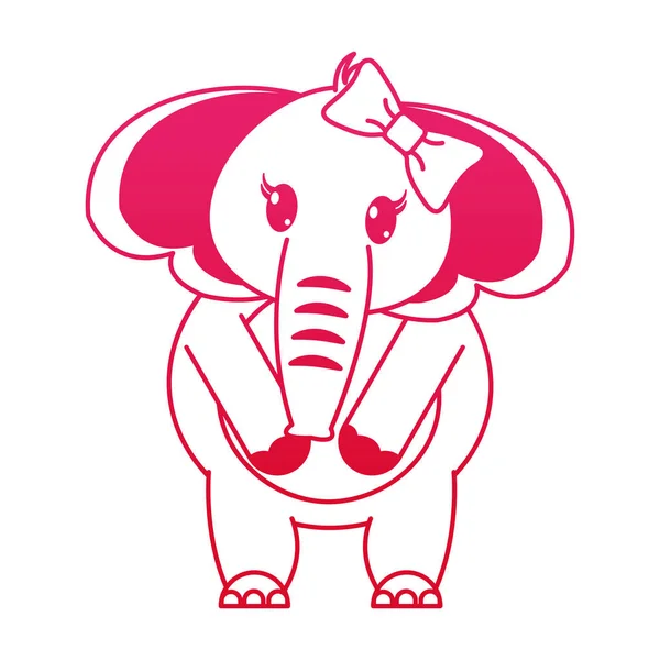 Fucsia line adorable female elephant animal with ribbon bow — Stock Vector