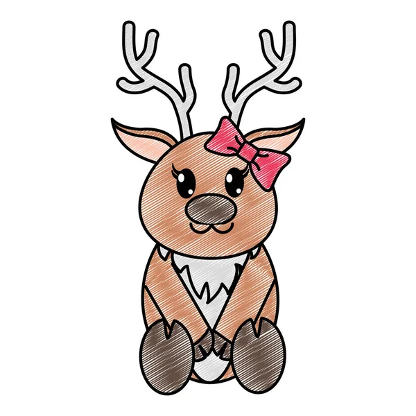 Grated female reindeer cute animal with ribbon bow — Stock Vector