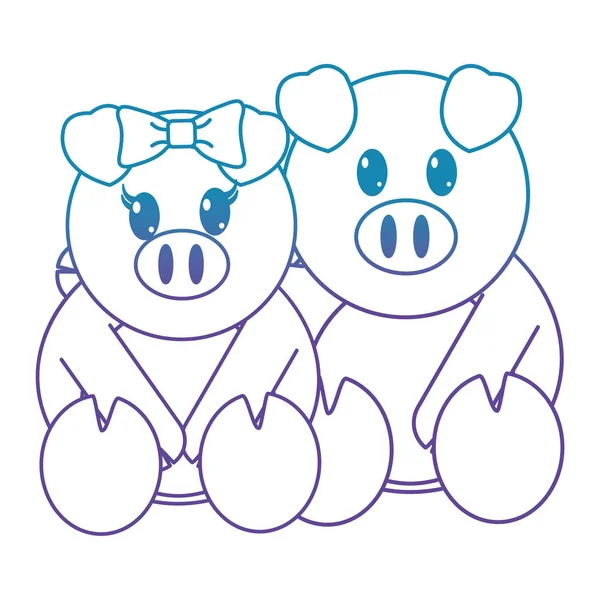 Bleu ligne cochon couple mignon animal ensemble — Image vectorielle