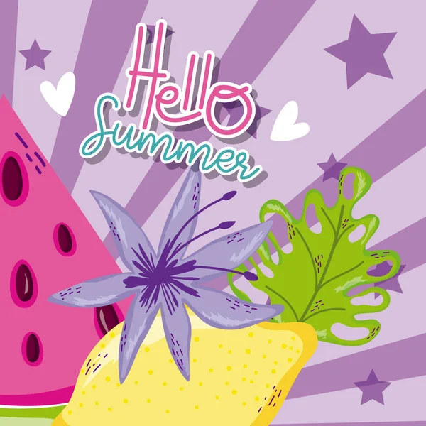 Hello Summer Watermelon Lemon Leaves Vector Illustration Graphic Design — Stock Vector