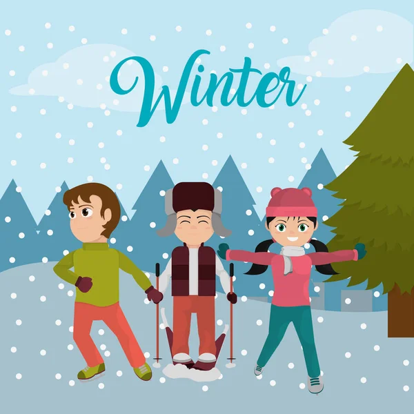 Enfants avec vêtements d'hiver et temps froid — Image vectorielle