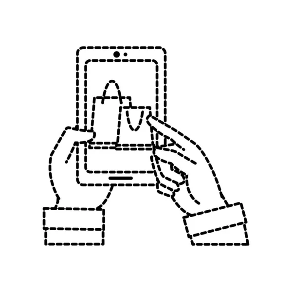 Пунктирний чоловік рука з смартфоном і покупками в Інтернеті — стоковий вектор