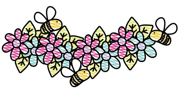 Fleurs râpées avec pétales et abeilles insectes volants — Image vectorielle